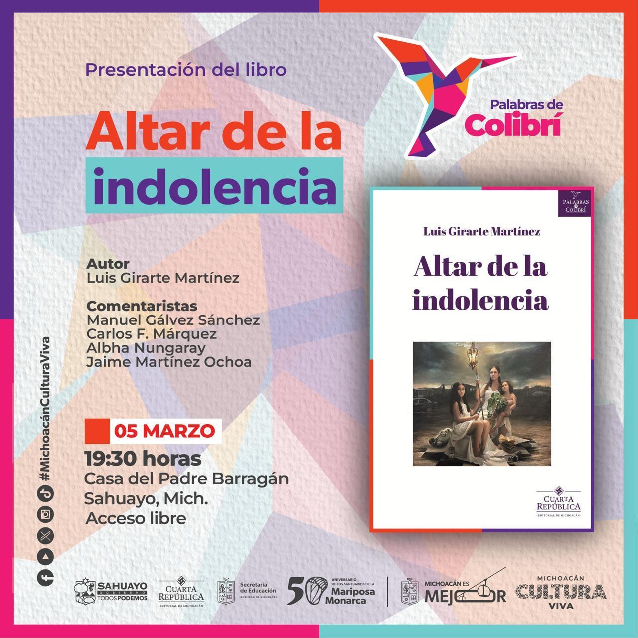 SEE y Secum presentarán en Sahuayo el libro “Altar de la indolencia”, de Luis Girarte