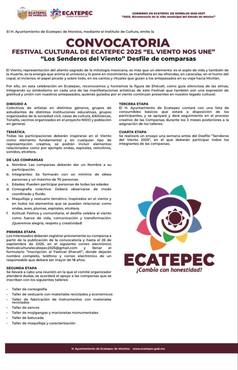 CONVOCATORIA FESTIVAL CULTURAL DE ECATEPEC 2025 “EL VIENTO NOS UNE”